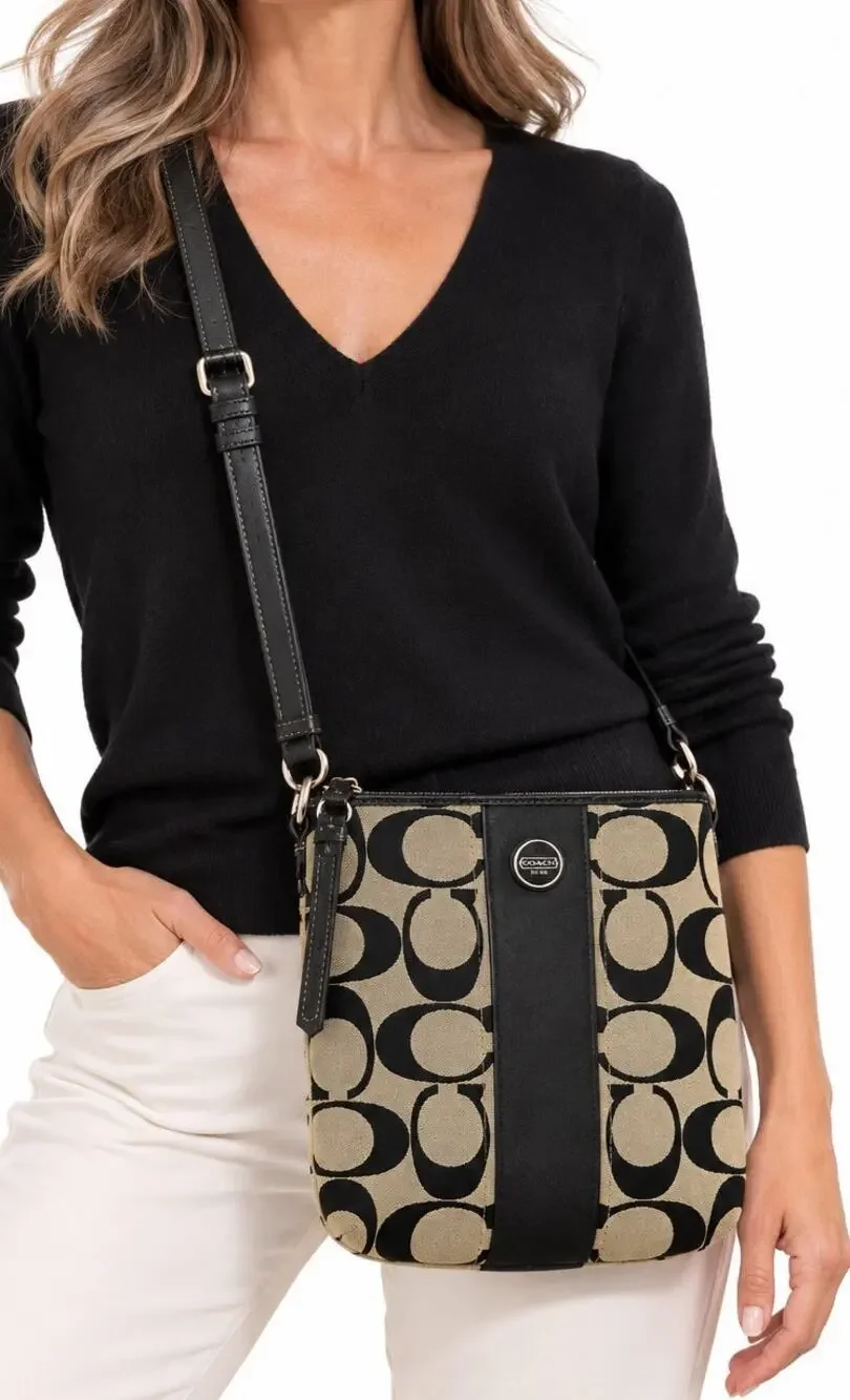Coach F21905 Signature Stripe Crossbody Bag Black Khaki Jacquard 2013